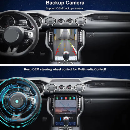 Ford Mustang Android head unit supporting OEM backup camera view and steering wheel multimedia control