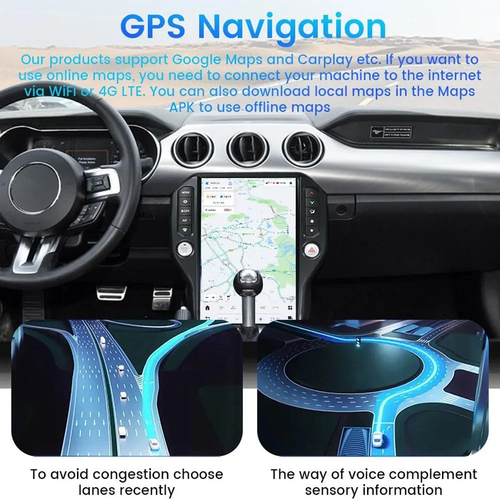GPS navigation function supporting online Google Maps and offline maps on Ford Mustang Android screen