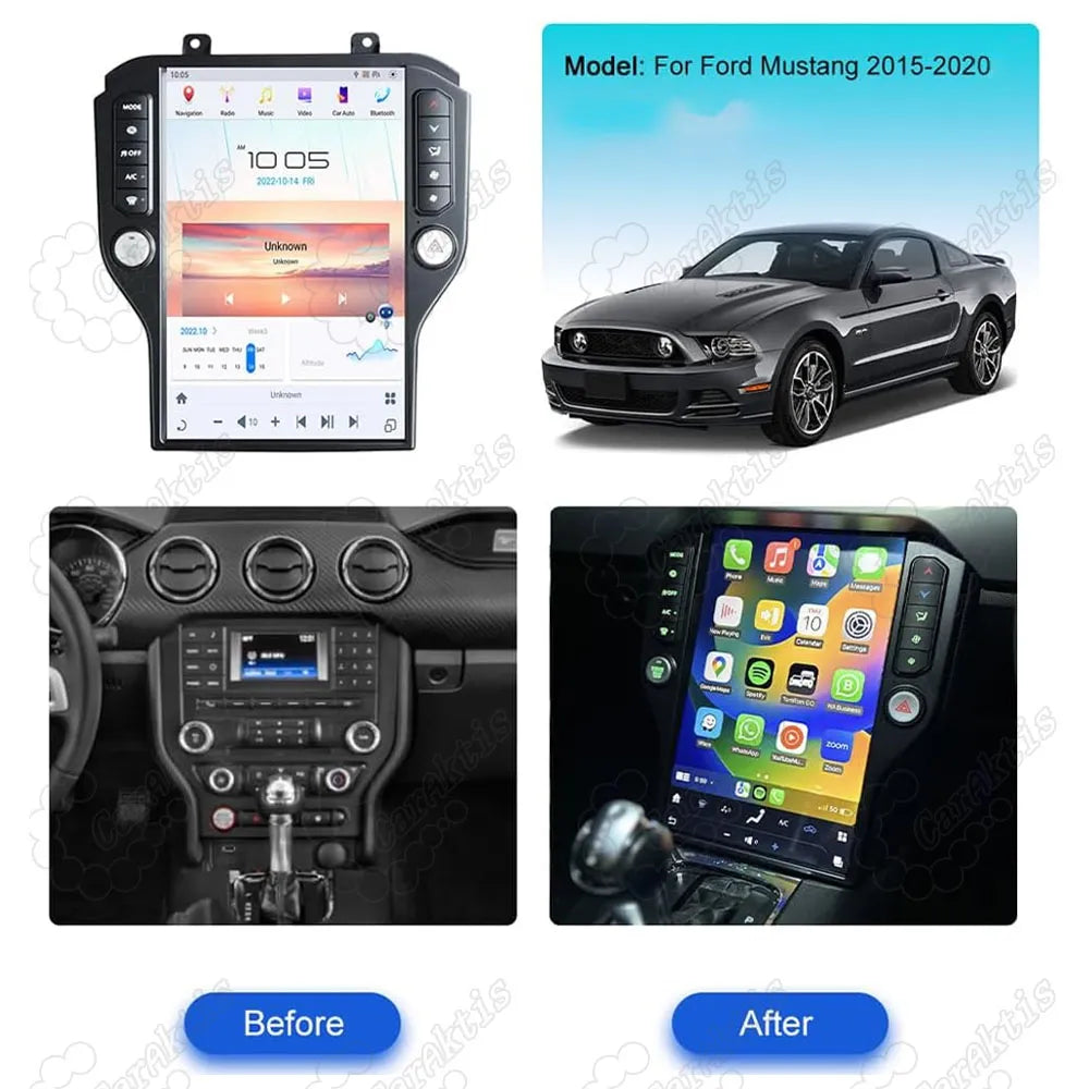 Before and after installation comparison of Ford Mustang 2015-2020 OEM factory radio vs vertical touchscreen upgrade