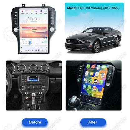 Before and after installation comparison of Ford Mustang 2015-2020 OEM factory radio vs vertical touchscreen upgrade
