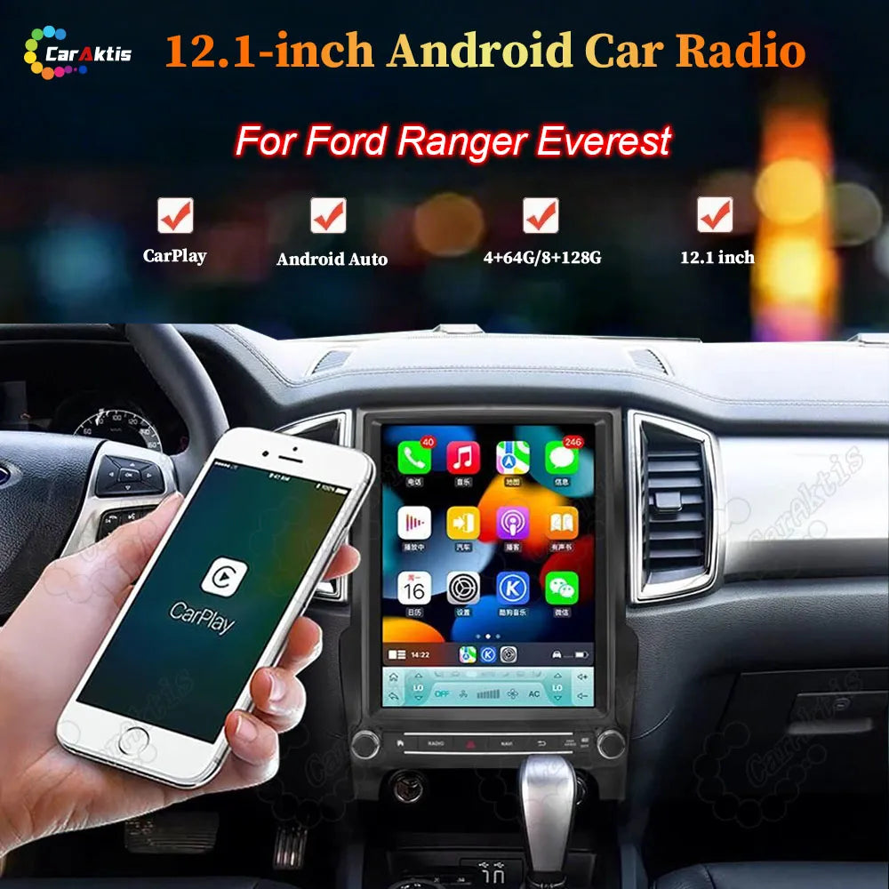 12.1-inch Android car radio touchscreen installed in Ford Ranger Everest showing Apple CarPlay interface.