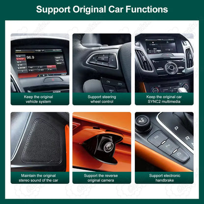 Smart CarPlay integration kit preserves original Ford SYNC 2 features, supporting steering wheel buttons, factory reversing camera, and stereo sound.