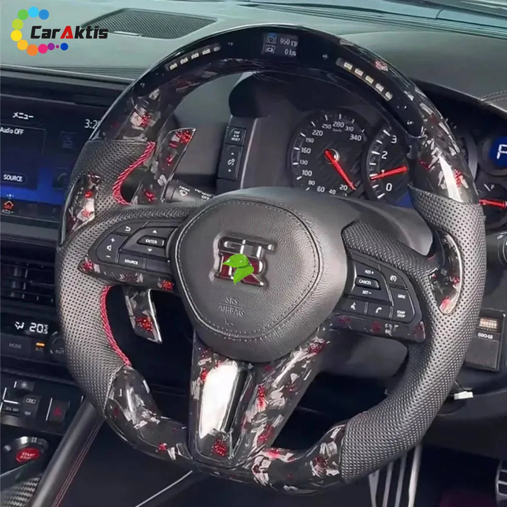 Premium forged carbon fiber steering wheel with red flakes and LED shift lights for Nissan GTR R35 2017+.