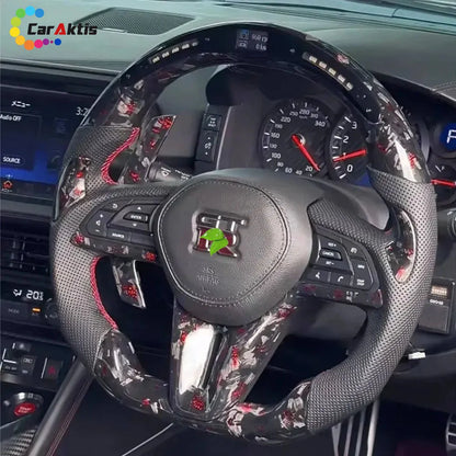 Premium forged carbon fiber steering wheel with red flakes and LED shift lights for Nissan GTR R35 2017+.