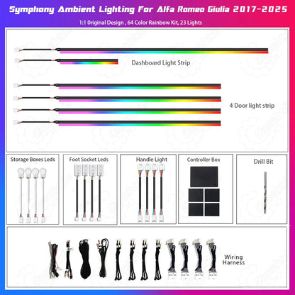 64-Color LED Ambient Lighting Kit for Alfa Romeo Giulia (2017-2026) | App Control