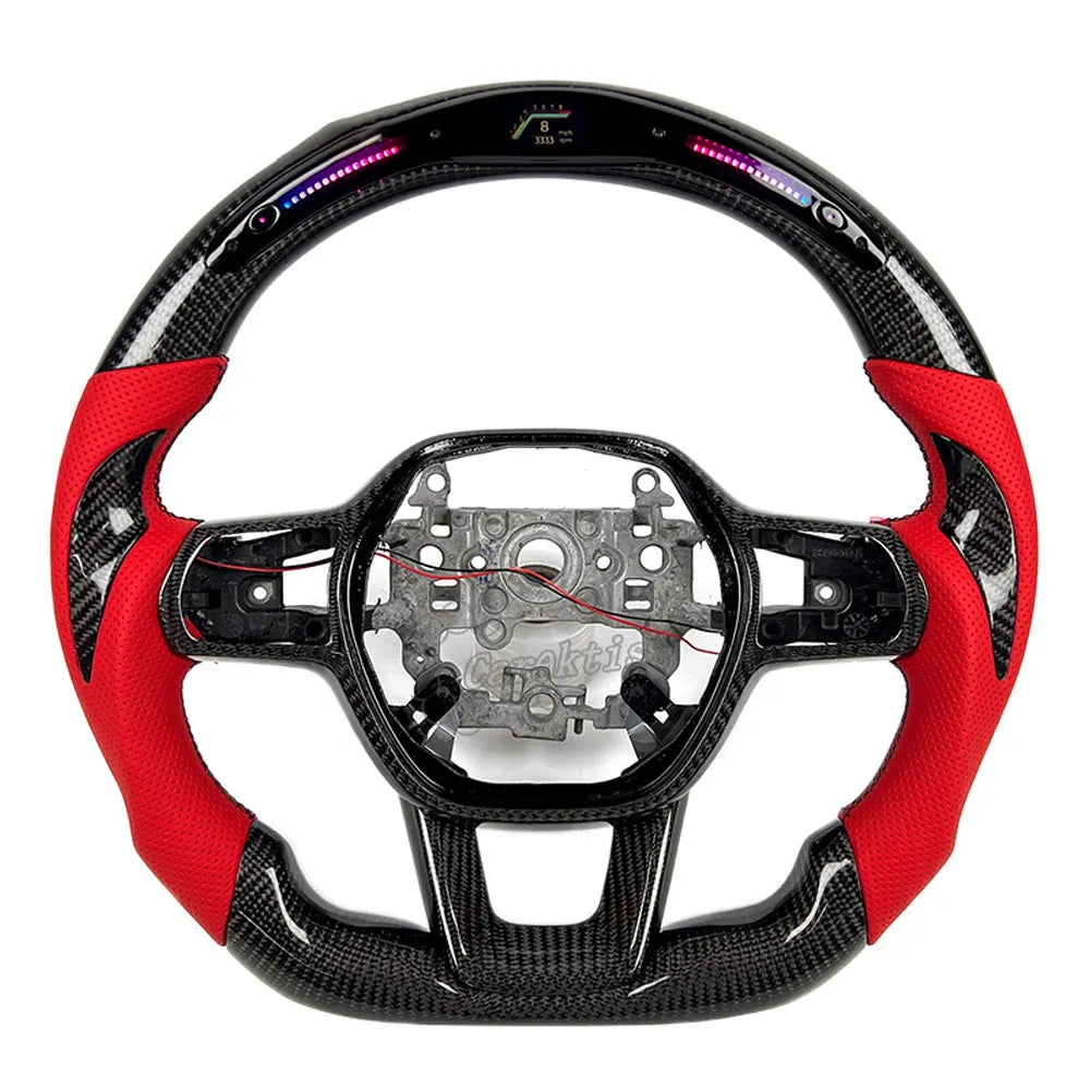 Stunning contrast between premium gloss black carbon fiber and high-quality red racing leather grips on a custom steering wheel.