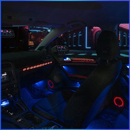 Full interior view of a Volkswagen Golf MK7 cabin illuminated by the CarAkits Magic Cube style dynamic LED ambient lighting, featuring sharp multicolor block effects.