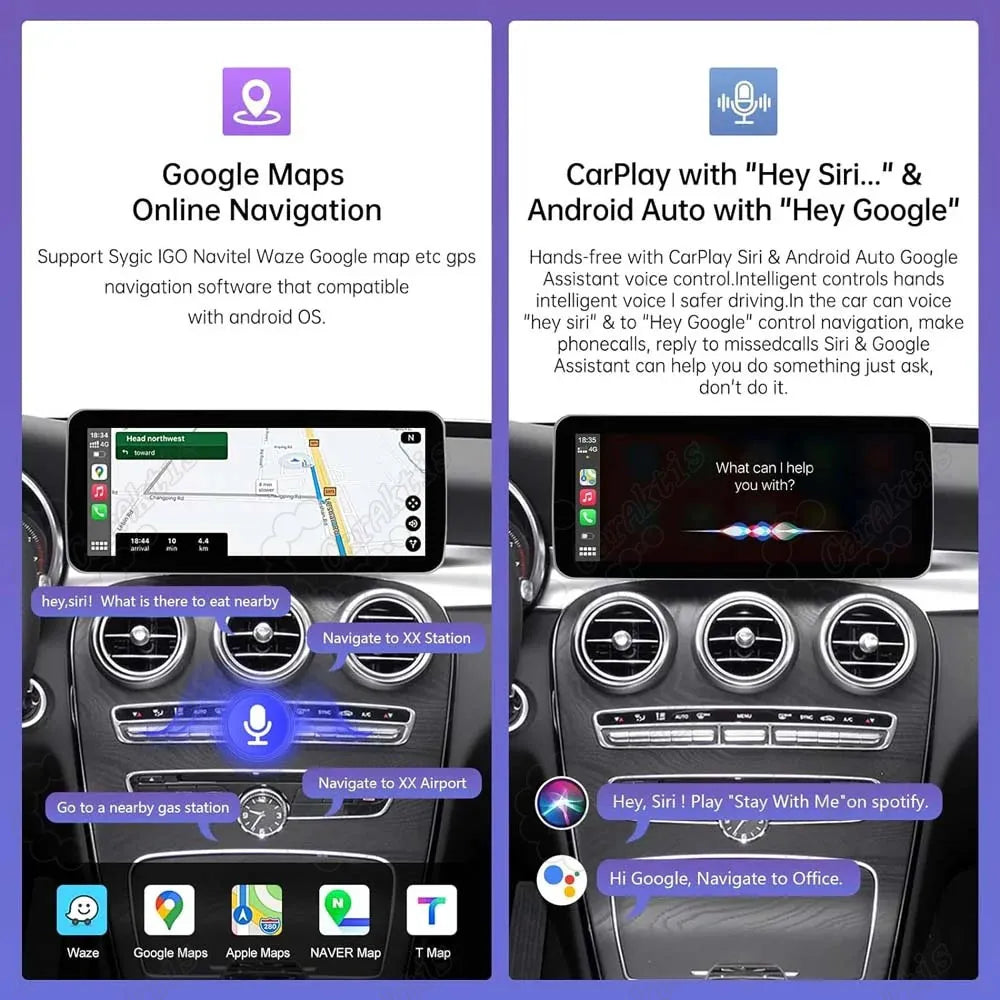 Voice assistant Siri and Google Assistant controls with online navigation on Mercedes Benz touchscreen stereo