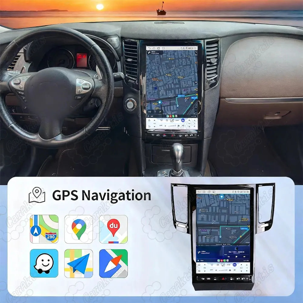GPS navigation map interface on 14.5-inch Tesla-style vertical touchscreen in Infiniti QX70 dashboard.