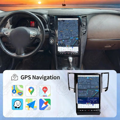 GPS navigation map interface on 14.5-inch Tesla-style vertical touchscreen in Infiniti QX70 dashboard.
