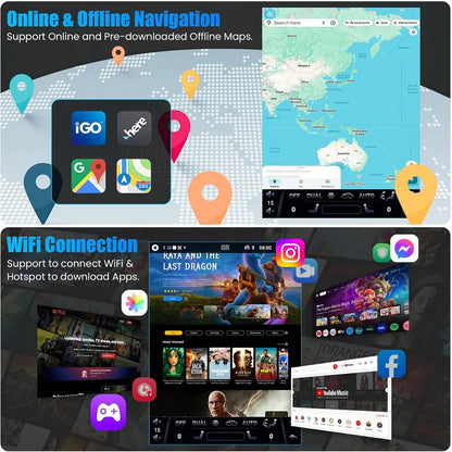Online and offline GPS navigation maps, WiFi hotspot connection, and streaming App store integration on Android car stereo.