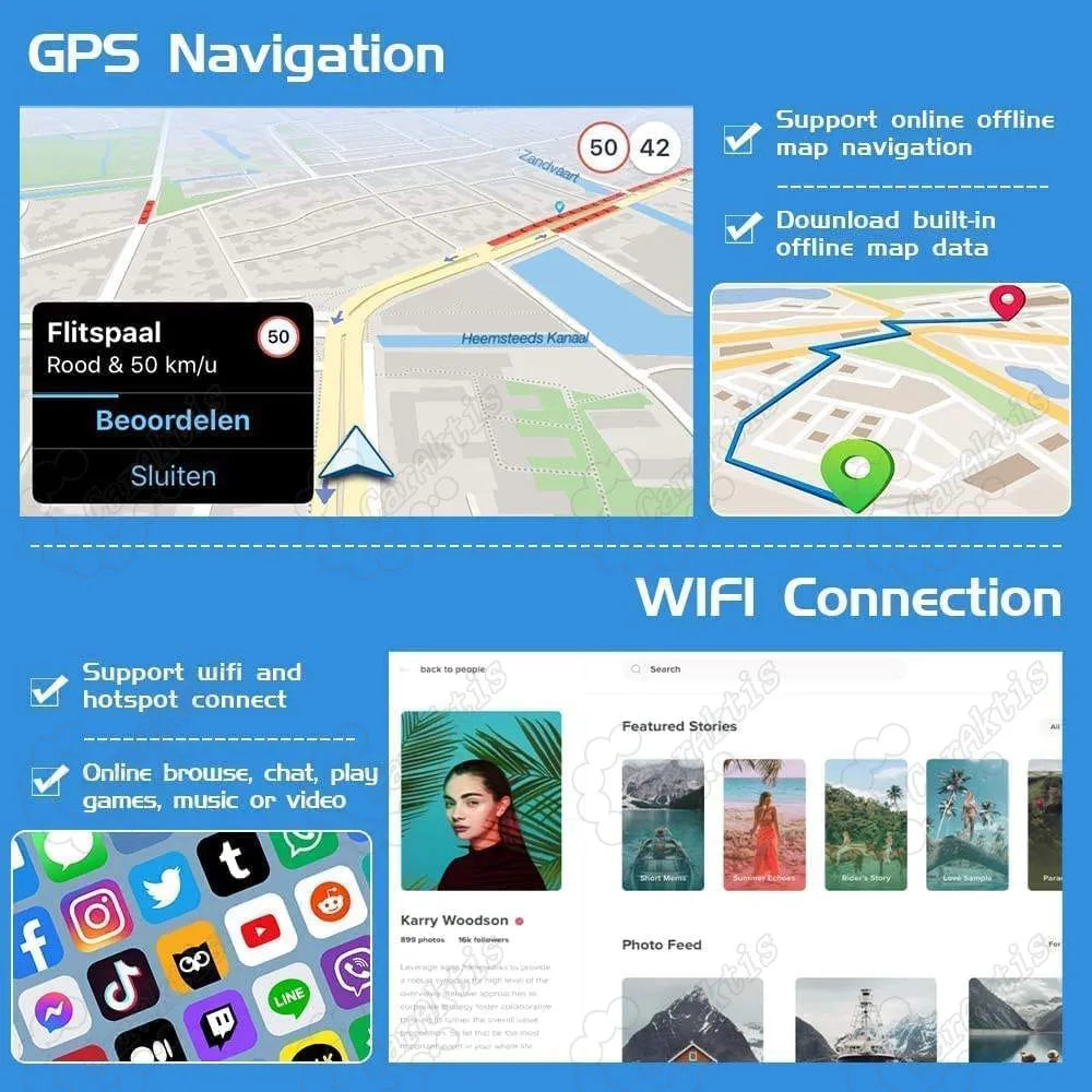 GPS offline/online map navigation and Wi-Fi hotspot connection features on Android car stereo