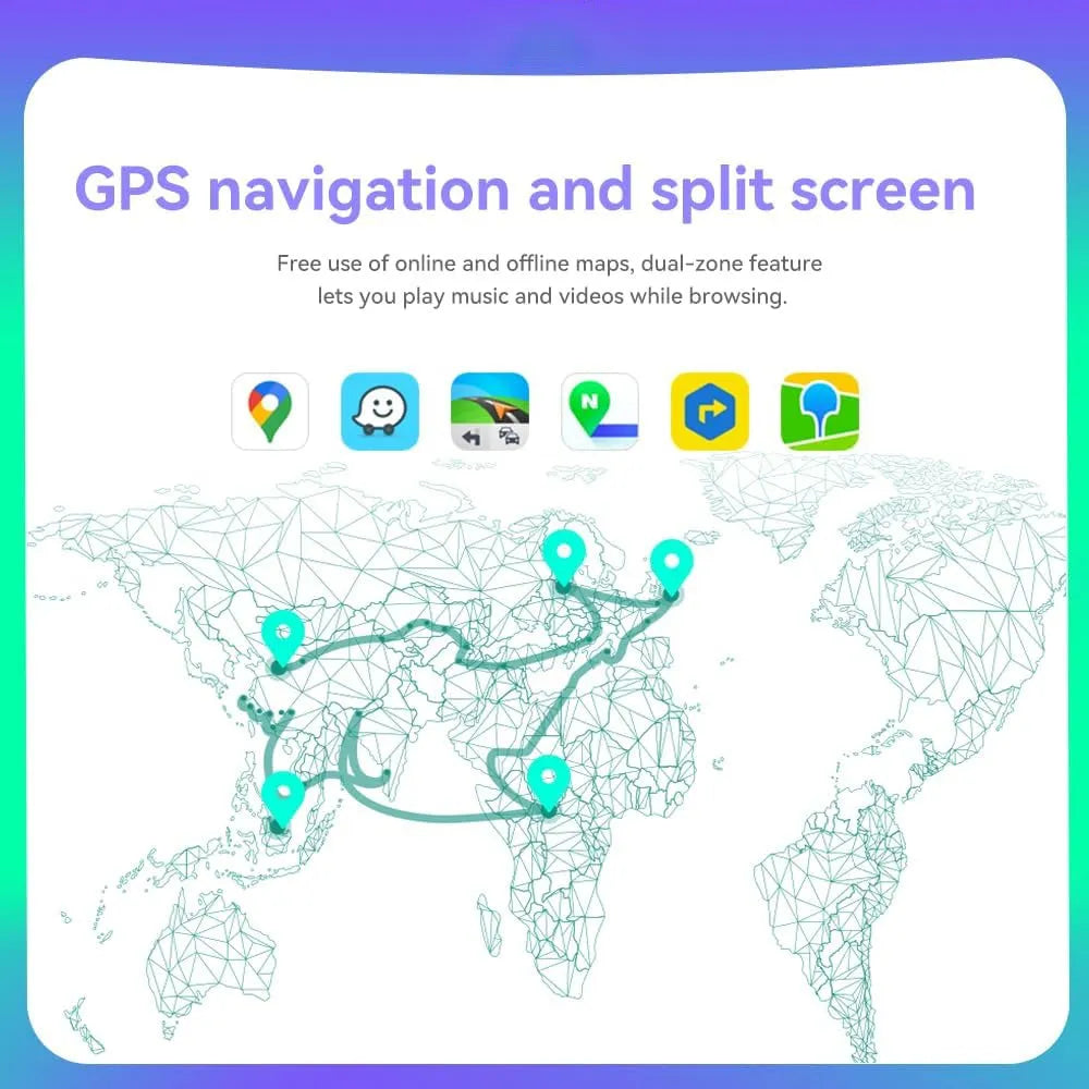GPS navigation map view with dual-zone split screen capability for music and video playback.