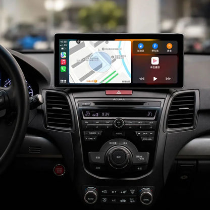 GPS navigation map and media player split-screen view on Acura RDX Android head unit.