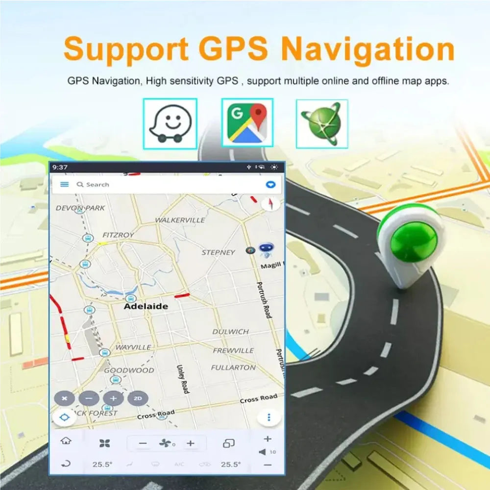 GPS navigation feature on Android head unit displaying real-time map routes.