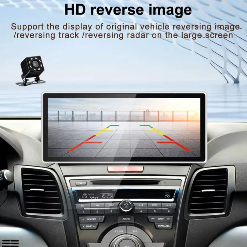 HD rear view camera interface with parking guide lines on large car stereo monitor.