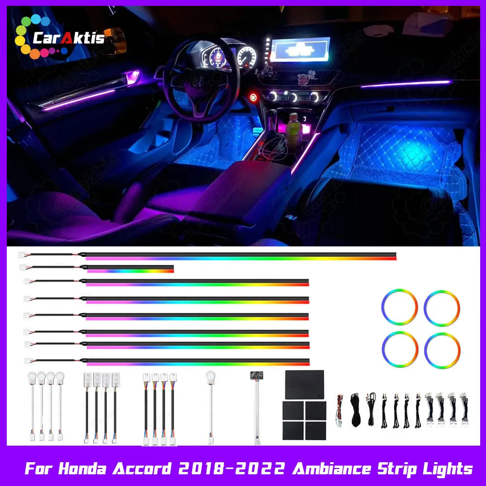 Sleek interior of a 10th Gen Honda Accord featuring minimalist LED ambient light strips integrated into the dashboard and doors.