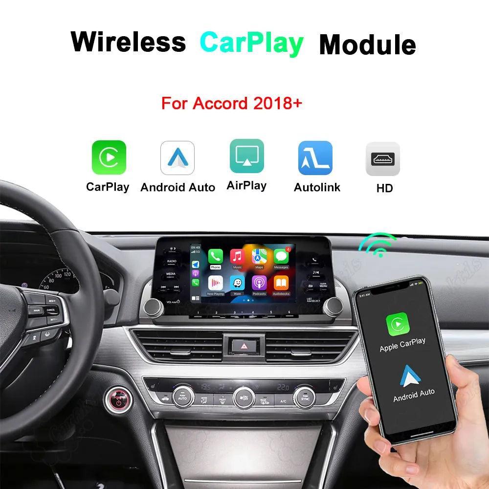 Wireless CarPlay and Android Auto module designed for Honda Accord 10th Gen 2018+, featuring AirPlay, Autolink, and HD screen connectivity shown on a factory dashboard.
