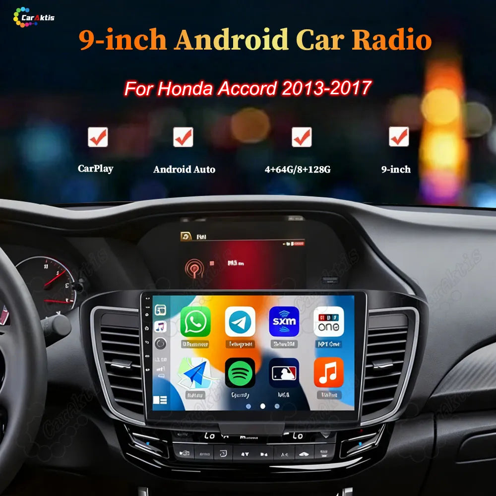 9 inch Android car radio head unit installed in Honda Accord 2013-2017 dashboard with CarPlay and Android Auto support