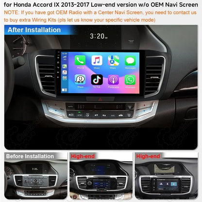 Before and after installation comparison of 9 inch touchscreen radio in 2013-2017 Honda Accord low-end dashboard