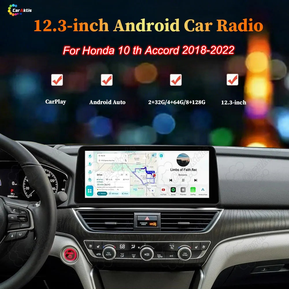 12.3-inch Android car radio touchscreen head unit installed in Honda Accord 10th gen dashboard
