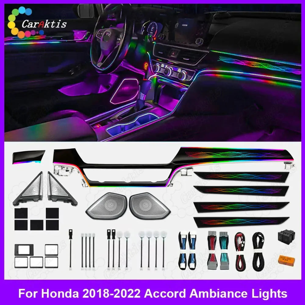 Symphony dynamic chasing ambient lighting kit installed in a 10th gen Honda Accord cabin at night, showing vibrant flowing colors on dashboard and doors.