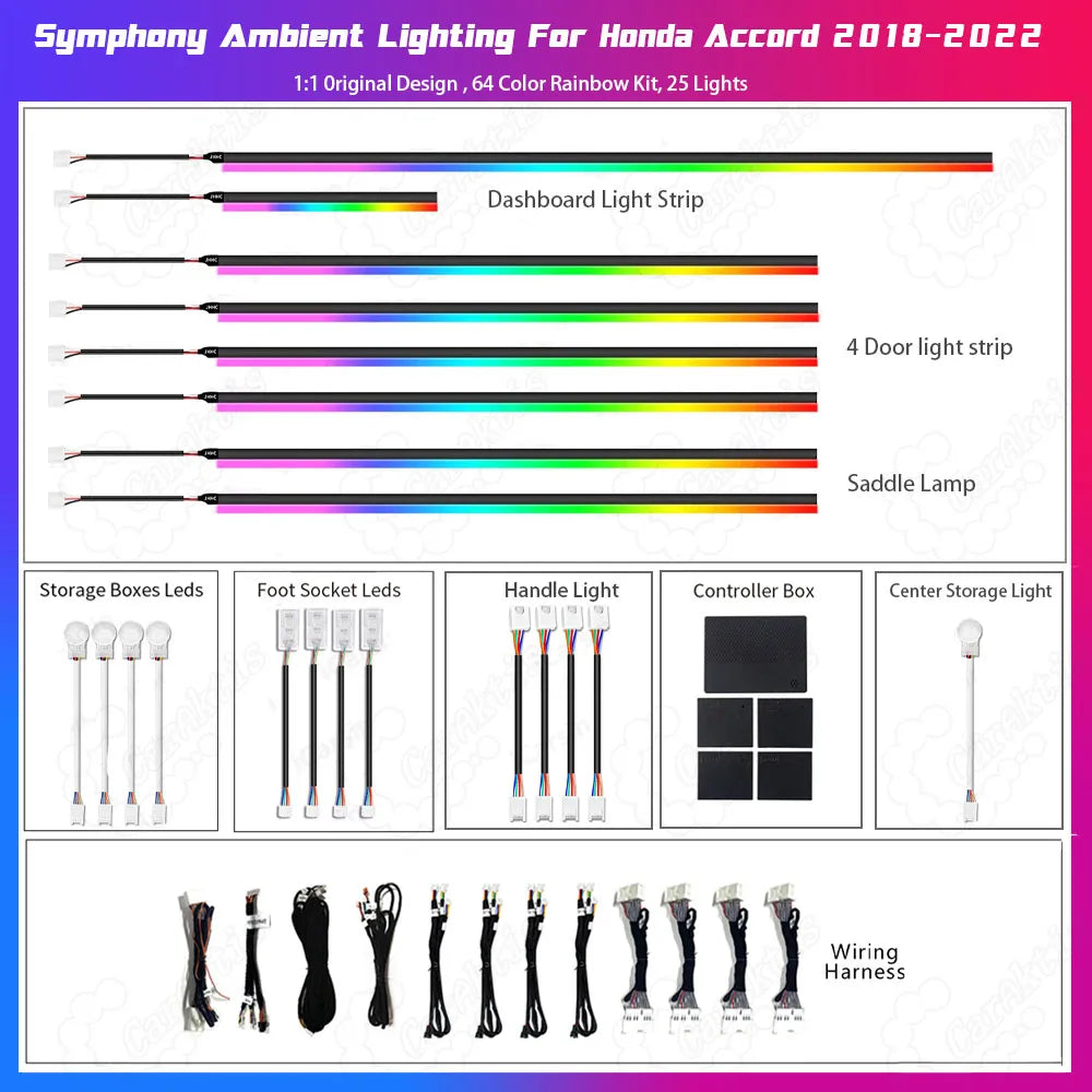 Complete DIY ambient lighting kit for Honda Accord including slim light strips, dedicated plug-and-play wiring harnesses, and a smart control box.