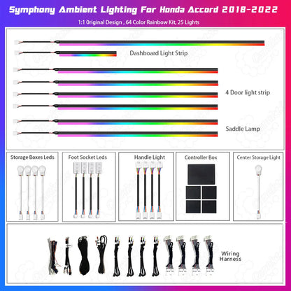 Complete DIY ambient lighting kit for Honda Accord including slim light strips, dedicated plug-and-play wiring harnesses, and a smart control box.