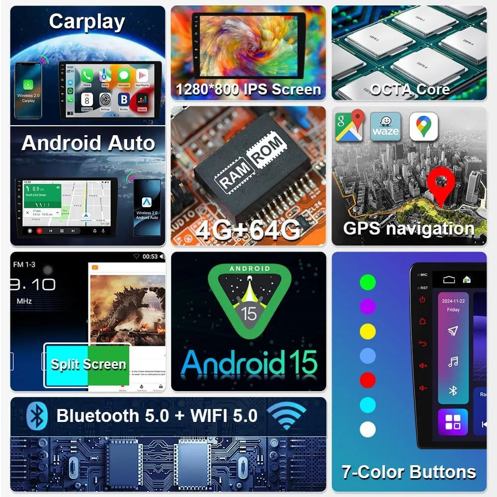 Product feature overview for Honda Accord Android 15 stereo showing 1280x800 IPS screen, octa core processor, GPS navigation, and split screen mode