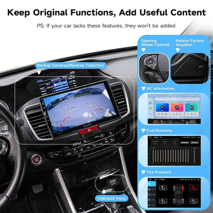 Honda Accord Android radio retaining OEM backup camera reverse trajectory, steering wheel controls, AC info, and tire pressure screen