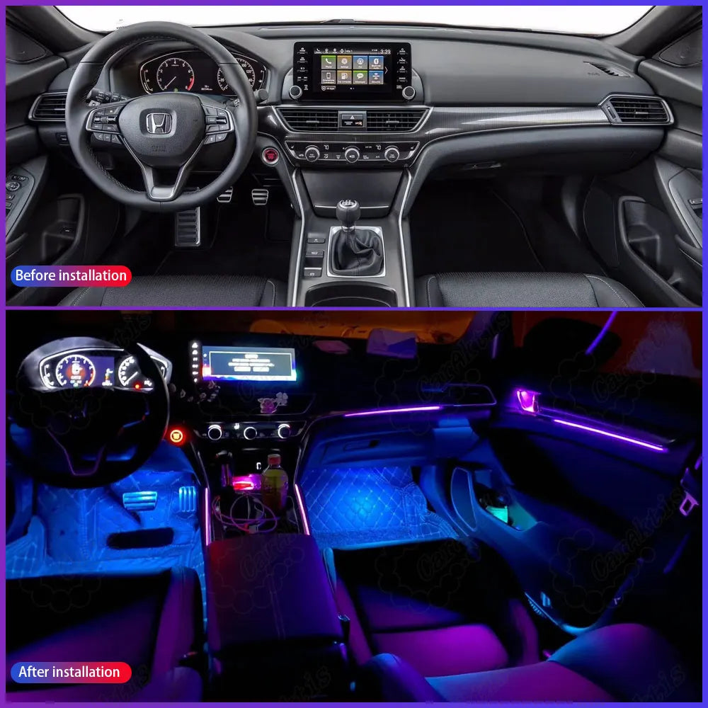 Side-by-side comparison of a factory 10th Gen Honda Accord interior versus the upgraded version with clean, non-destructive LED light strips.