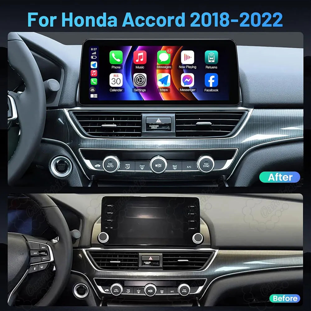 Before and after installation comparison of Honda Accord 2018-2022 OEM factory radio vs 12.3-inch touchscreen upgrade