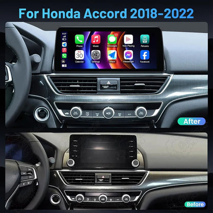 Before and after installation comparison of Honda Accord 2018-2022 OEM factory radio vs 12.3-inch touchscreen upgrade