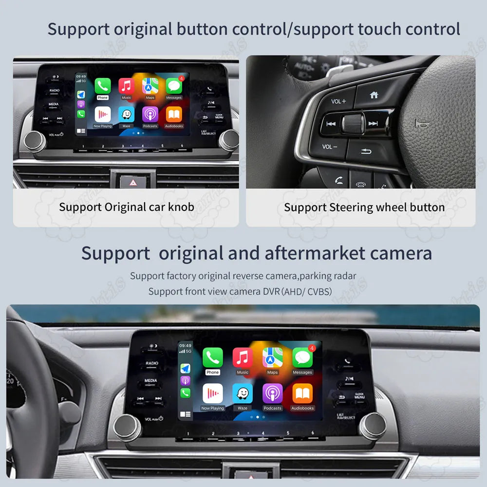 Compatibility details for Honda Accord CarPlay module, highlighting support for original car knob control, steering wheel buttons, factory reverse camera, parking radar, and front DVR.