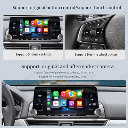 Compatibility details for Honda Accord CarPlay module, highlighting support for original car knob control, steering wheel buttons, factory reverse camera, parking radar, and front DVR.