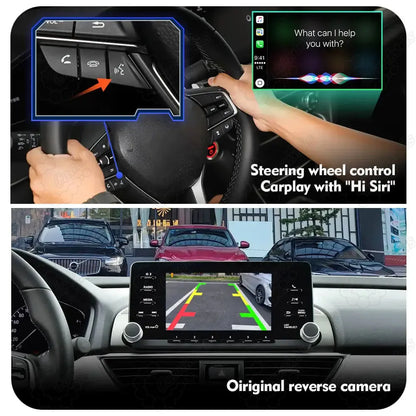 In-car view of a Honda Accord displaying steering wheel voice control for CarPlay with Siri and the original factory reverse camera with dynamic parking lines.