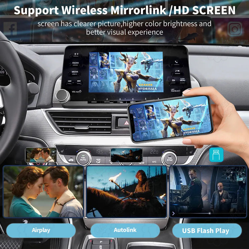 Screen mirroring feature demonstration supporting Wireless Mirrorlink, Airplay, and Autolink for higher color brightness and clearer movie playback on the Honda Accord factory screen.