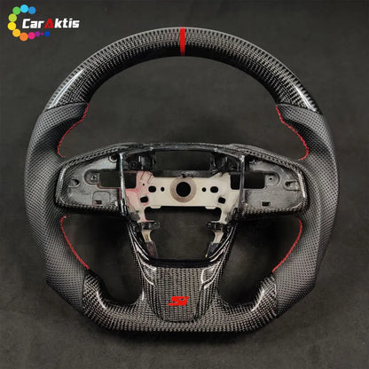 Custom gloss carbon fiber steering wheel for Honda Civic 10th Gen (2016-2021) with a red 12 o&