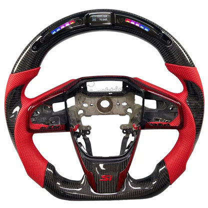 Custom LED carbon fiber steering wheel for Honda Civic 10th Gen (2016–2021), featuring gloss black finish and red leather grips with shift light indicator.