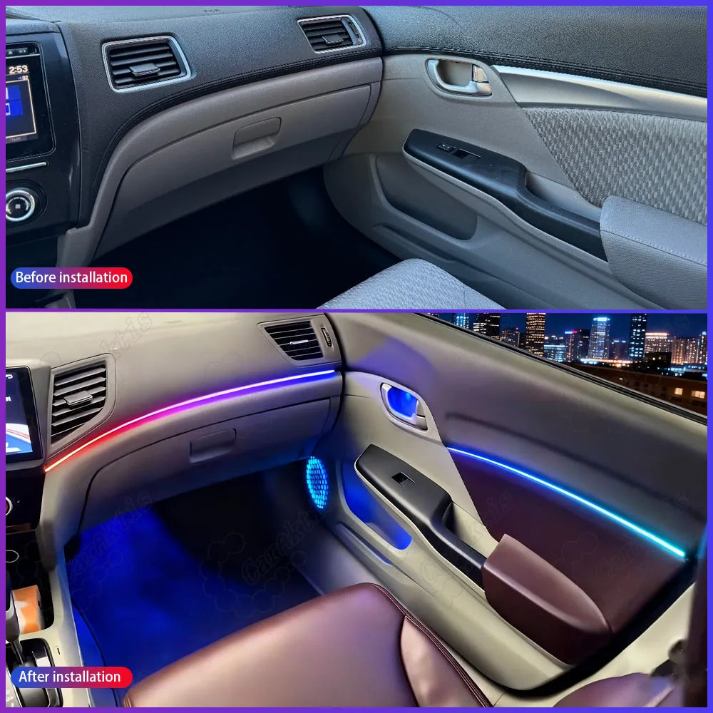 Before and after comparison of the Honda Civic interior upgrade, showing the stock dark cabin vs the modern hidden LED ambient light setup.