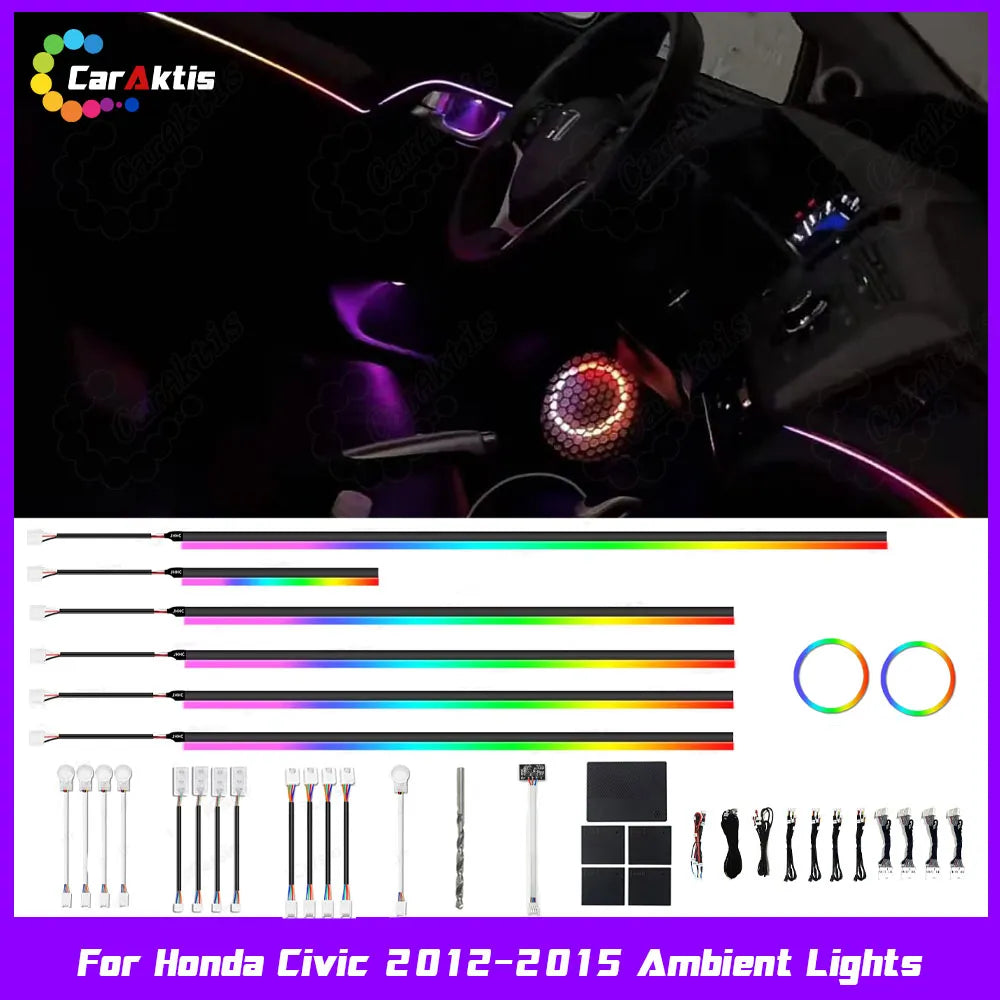 Premium hidden LED interior ambient lighting kit for Honda Civic 2012-2015, showcasing the sleek illuminated dashboard and door strips.