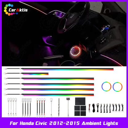 Premium hidden LED interior ambient lighting kit for Honda Civic 2012-2015, showcasing the sleek illuminated dashboard and door strips.
