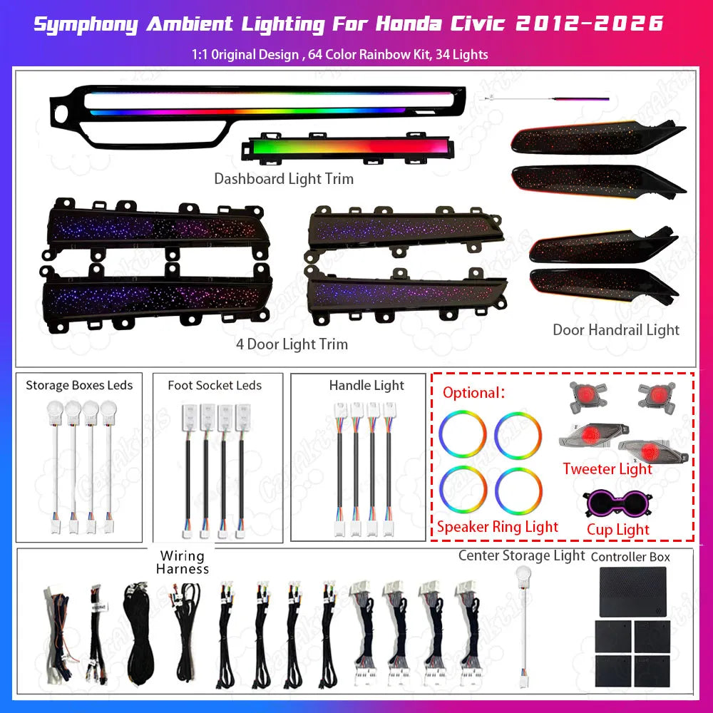 Complete Honda Civic 11th Gen Starry Sky ambient light kit from Caraktis, including LED strips, controllers, and plug-and-play harnesses.