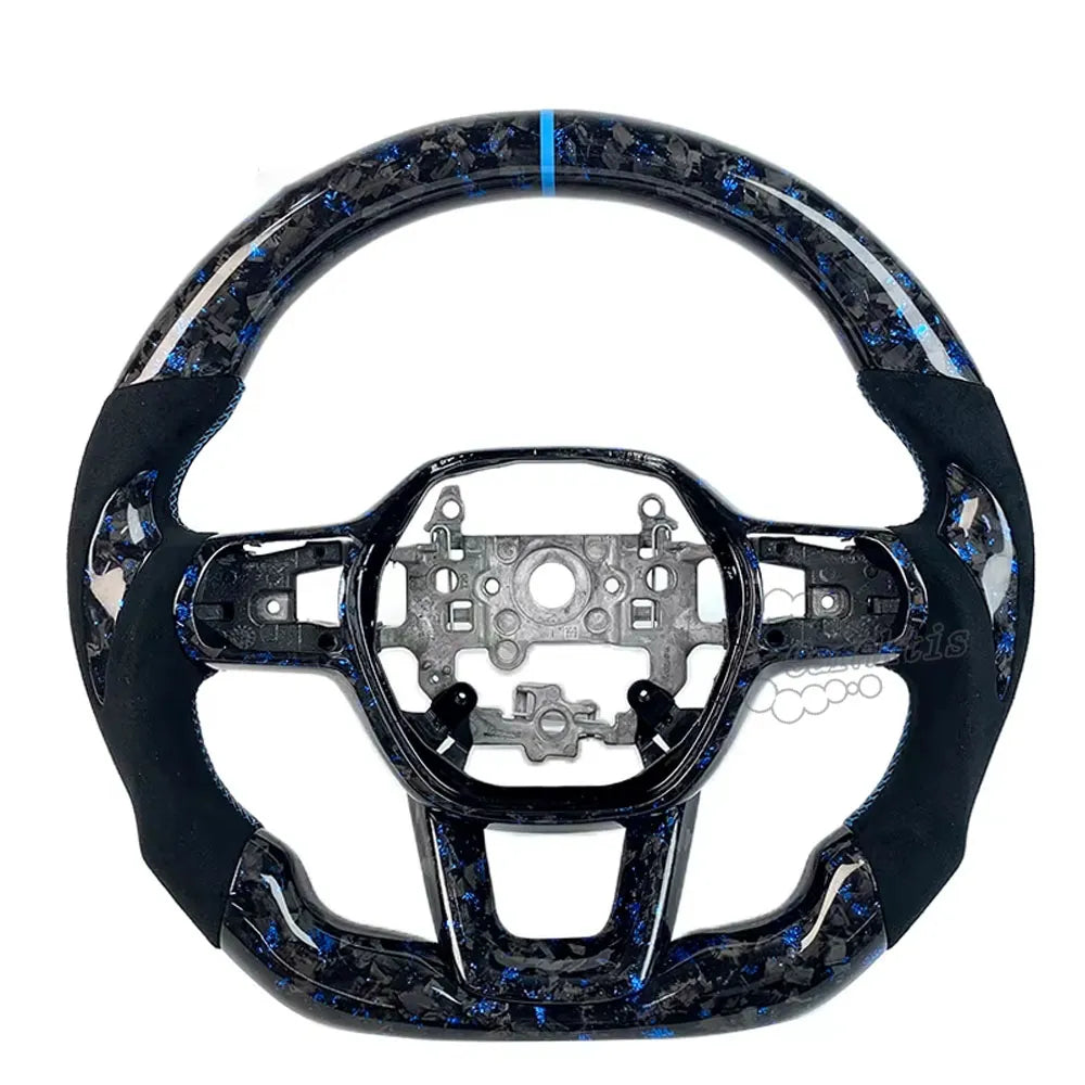 Custom Honda Civic steering wheel with unique blue forged carbon fiber, dark grey suede grips, and matching blue stitching for a premium racing interior by Caraktis.