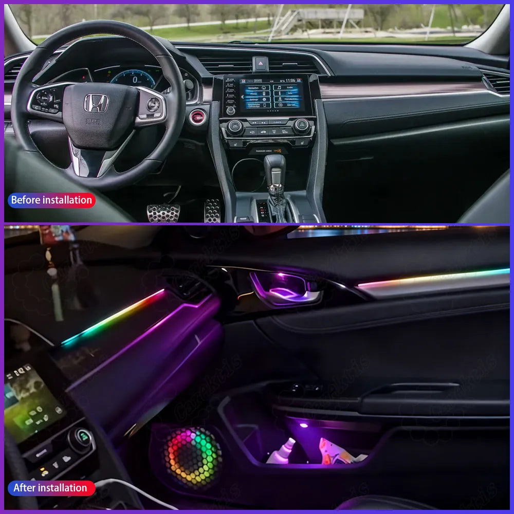Before and after installation comparison of the dynamic LED ambient light on a Honda Civic 2016-2021, highlighting the dark cabin versus the upgraded glowing interior.