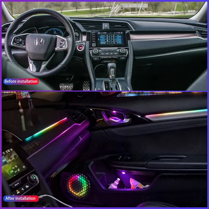 Before and after installation comparison of the dynamic LED ambient light on a Honda Civic 2016-2021, highlighting the dark cabin versus the upgraded glowing interior.