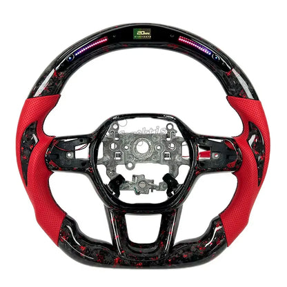 Custom Honda Civic LED steering wheel featuring marble-pattern forged carbon fiber and vibrant red leather grips with shift light display, performance upgrade by Caraktis.