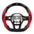 Custom Honda Civic LED steering wheel featuring marble-pattern forged carbon fiber and vibrant red leather grips with shift light display, performance upgrade by Caraktis.