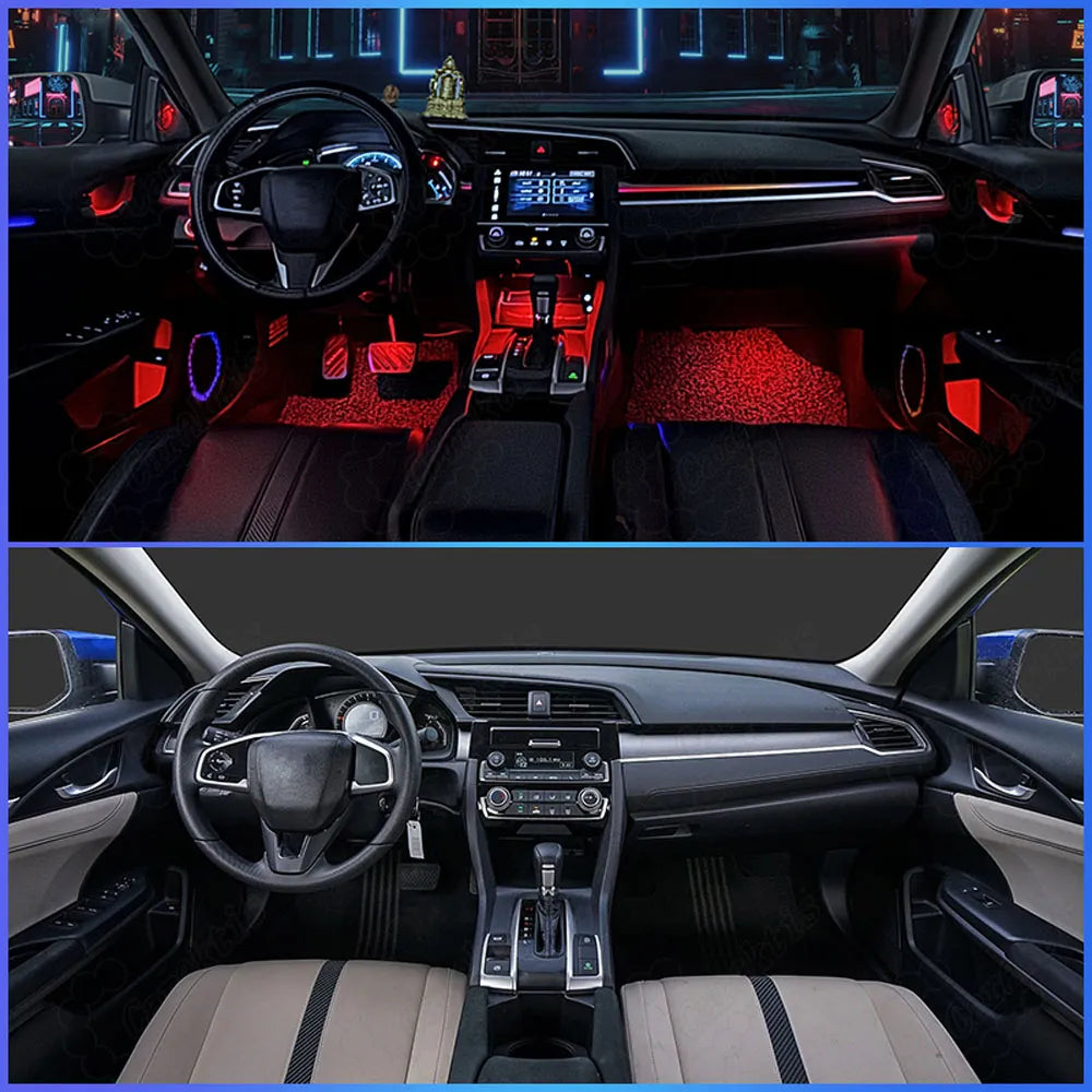 Side-by-side comparison of stock Civic interior vs. upgraded dynamic atmosphere sync lighting.