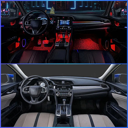 Side-by-side comparison of stock Civic interior vs. upgraded dynamic atmosphere sync lighting.
